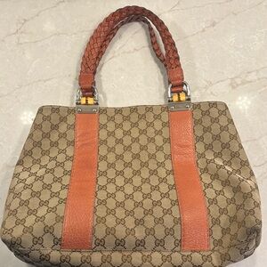 Vintage Gucci Bamboo Bar Monogram Tote With Braided Straps and Bamboo Accents